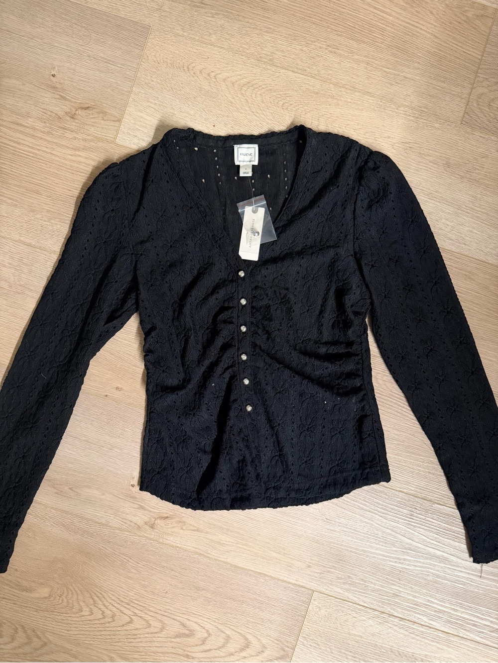 Maeve Black Lace Button-Front V-Neck Blouse